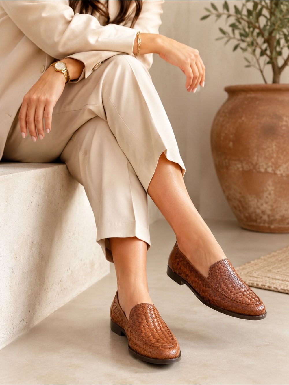 Talbots Italy Woven Leather Loafers Cognac Brown Slip On Shoes Quiet Luxury